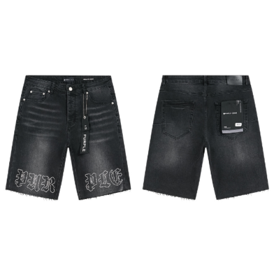Black Denim Shorts with "PURPLE" Gothic Lettering Embroidery